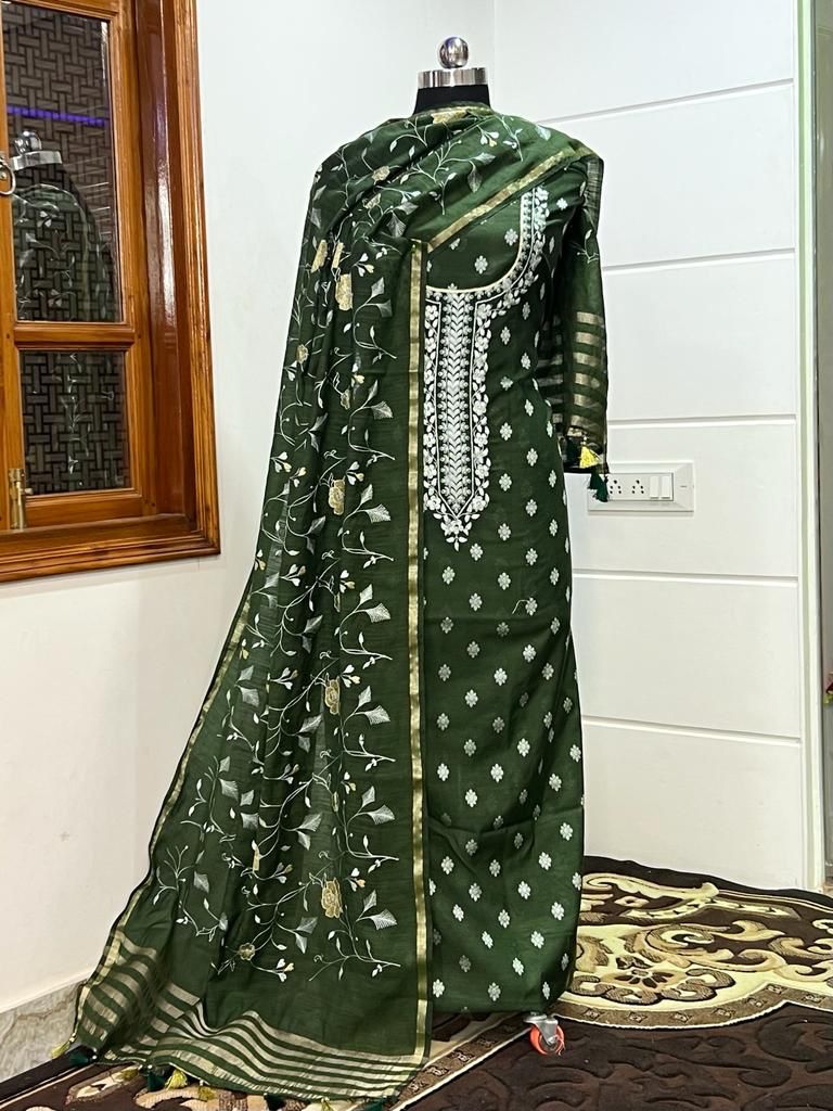 Leheriya Exclusive Banarasi Chanderi Silk Embroidery Suit Paired with Heavy Embroidery Chanderi Dupatta