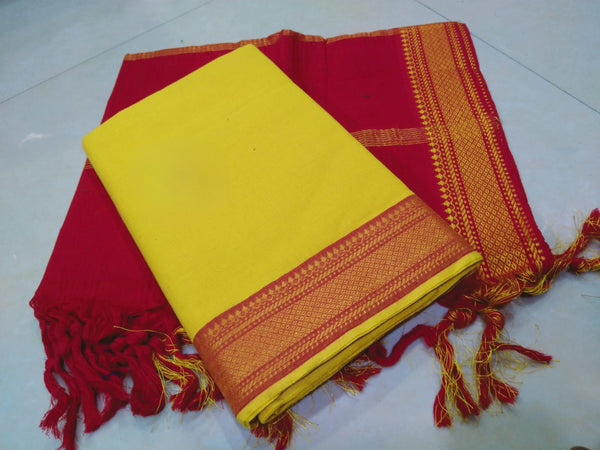 South Cotton Mangalgiri Salwar Suit with Nizam Border | Color Yellow |
