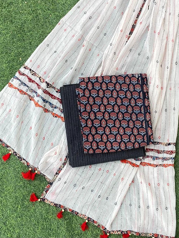 Ajrakh Print Dress Material with Kantha & Applique Work Dupatta Cotton Fabric