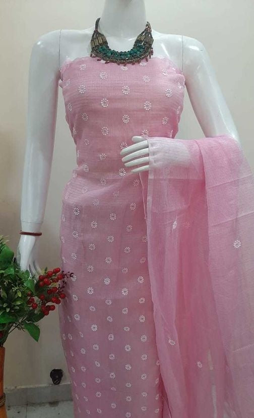 Pink Kota Doria Embroidery Salwar Kameez