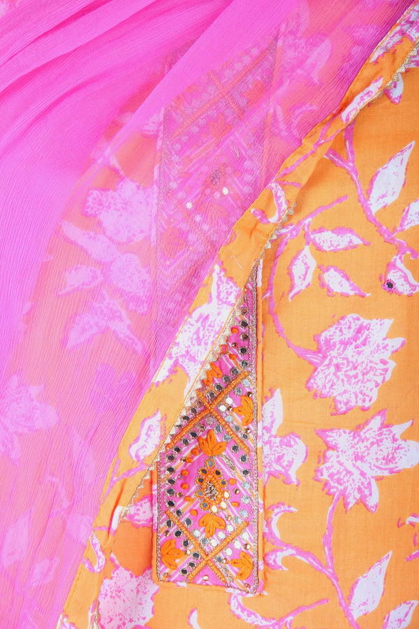Yellow Floral Print Suit with Pink plain Chhifon Dupatta with Border and Pink Leheriya Bottom