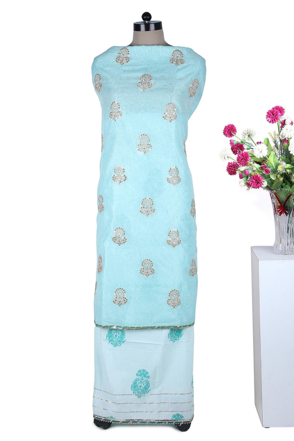 Chanderi Silk Handblock Printed and Embroidered Salwar Kameez With Hand Brush Painted Dupatta