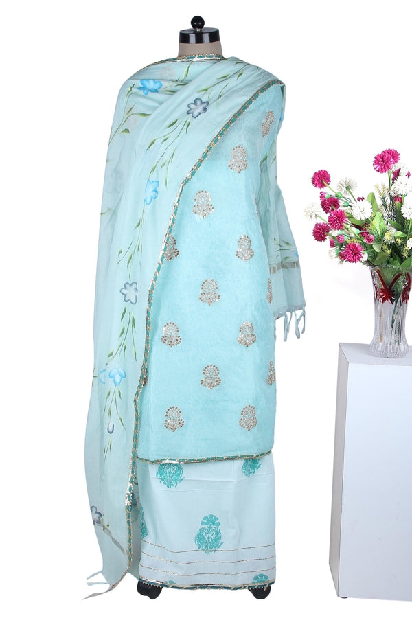 Chanderi Silk Handblock Printed and Embroidered Salwar Kameez With Hand Brush Painted Dupatta