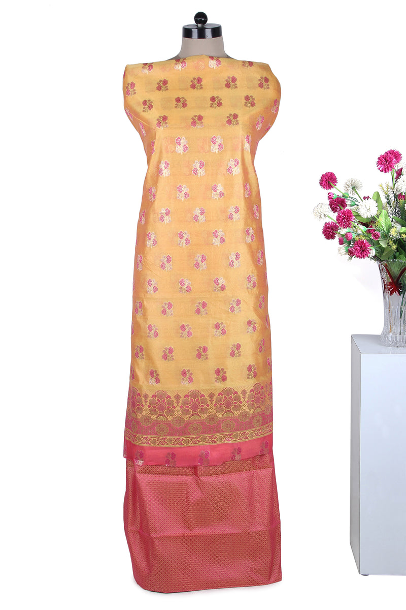 Yellow Pure Katan Silk Banarasi Suit with Meena Butas