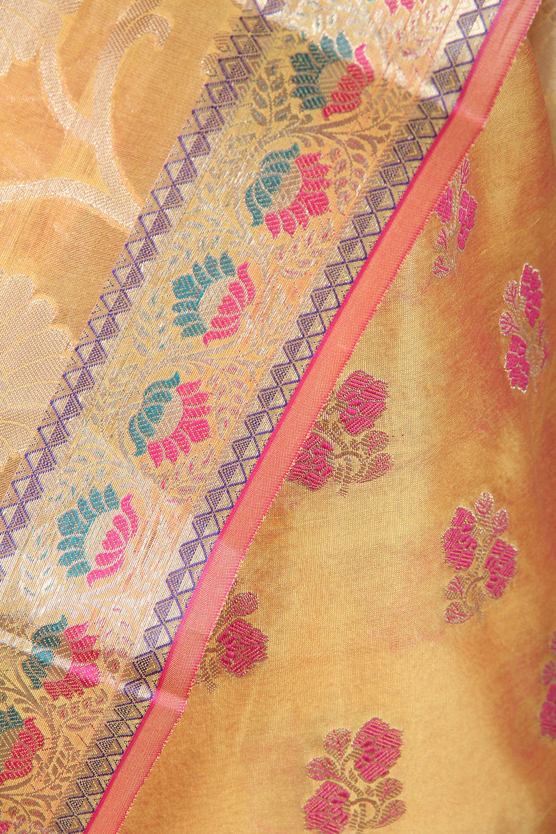 Yellow Pure Katan Silk Banarasi Suit with Meena Butas