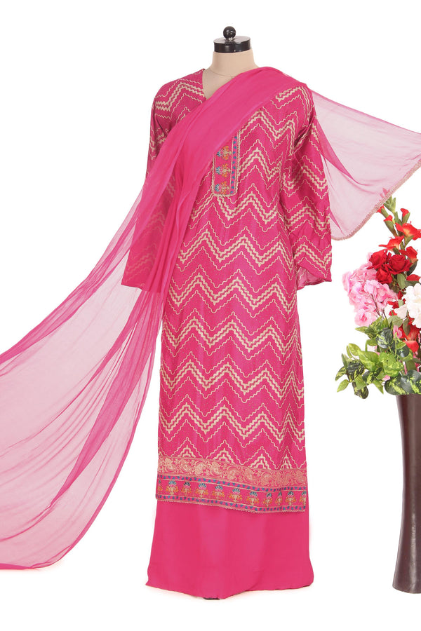 Pink Muslin Zig Zag Print Semi Stitched Salwar Suit