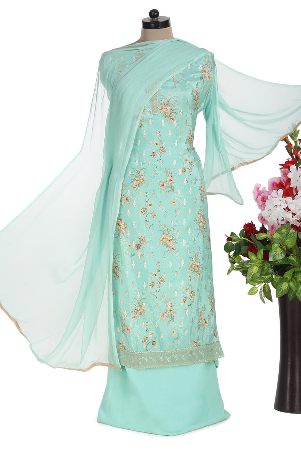 Dola Silk Suit Floral Print Salwar Suit with Embroidered Golden Butas
