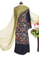 Navy Blue Suit with sequence work over top and Mehendi Green Dupatta