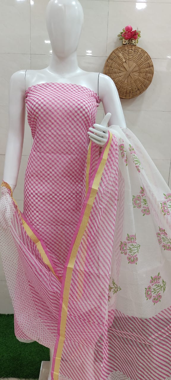 Pink Hand Block Printed Kota Doria Leheriya Salwar Suit