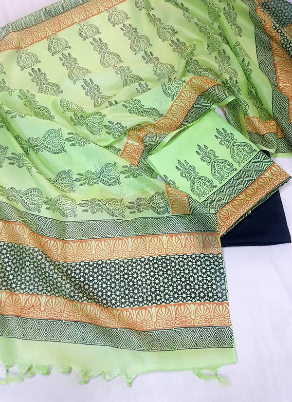 Pure Tussar Silk Hand Block Printed Three Piece Salwar Suit Material