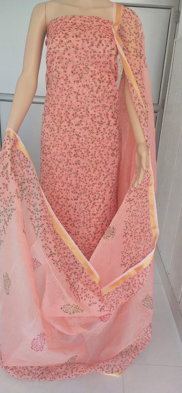 Printed Kota Doria Salwar Suit with Small Floral Print