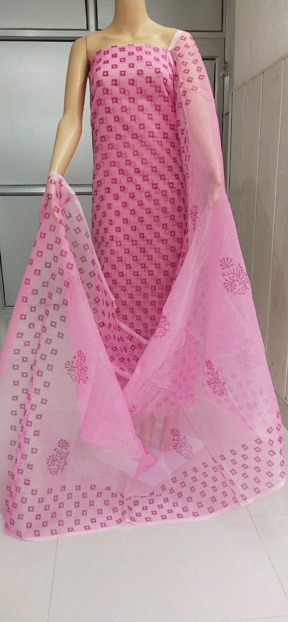 Pink Hand Block Printed Kota Doria Salwar Suit