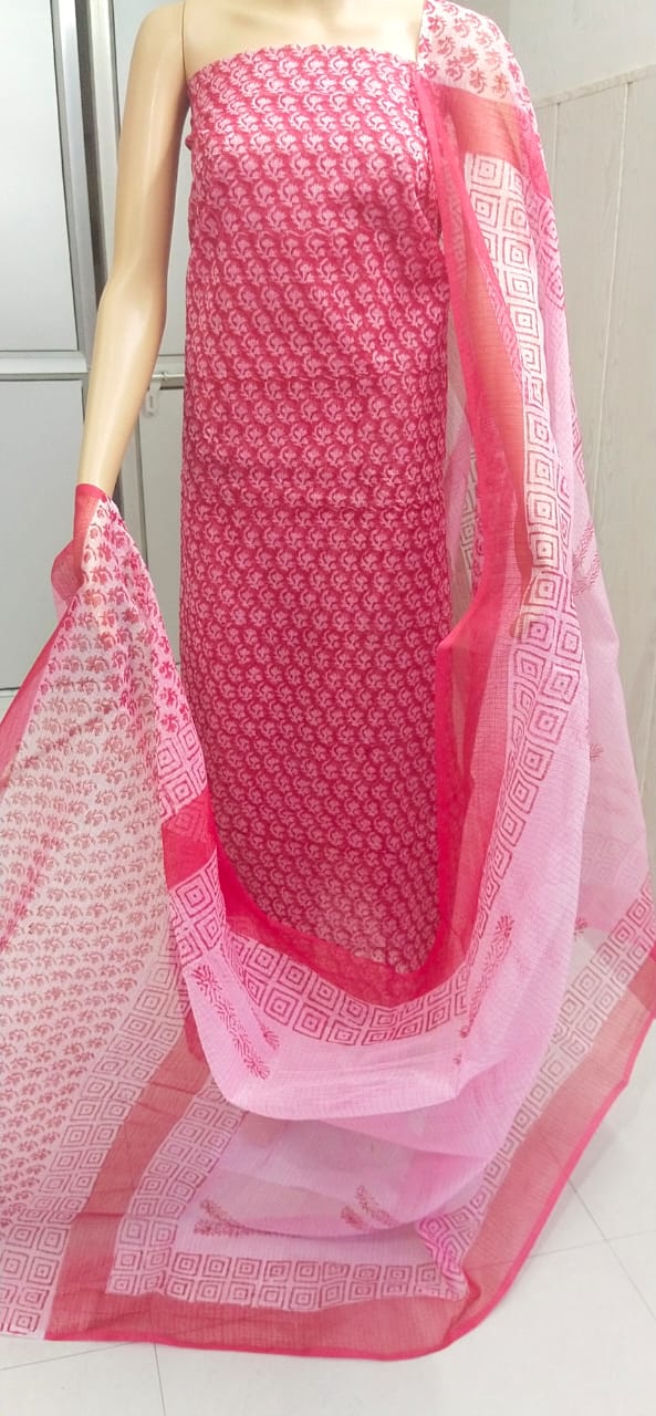 Pink Hand Block Printed Kota Doria Salwar Suit