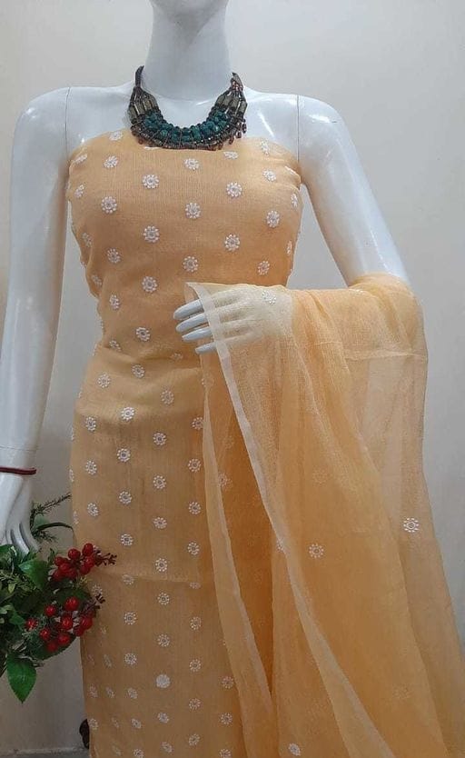 Yellow Pink Kota Doria Embroidery Salwar Kameez