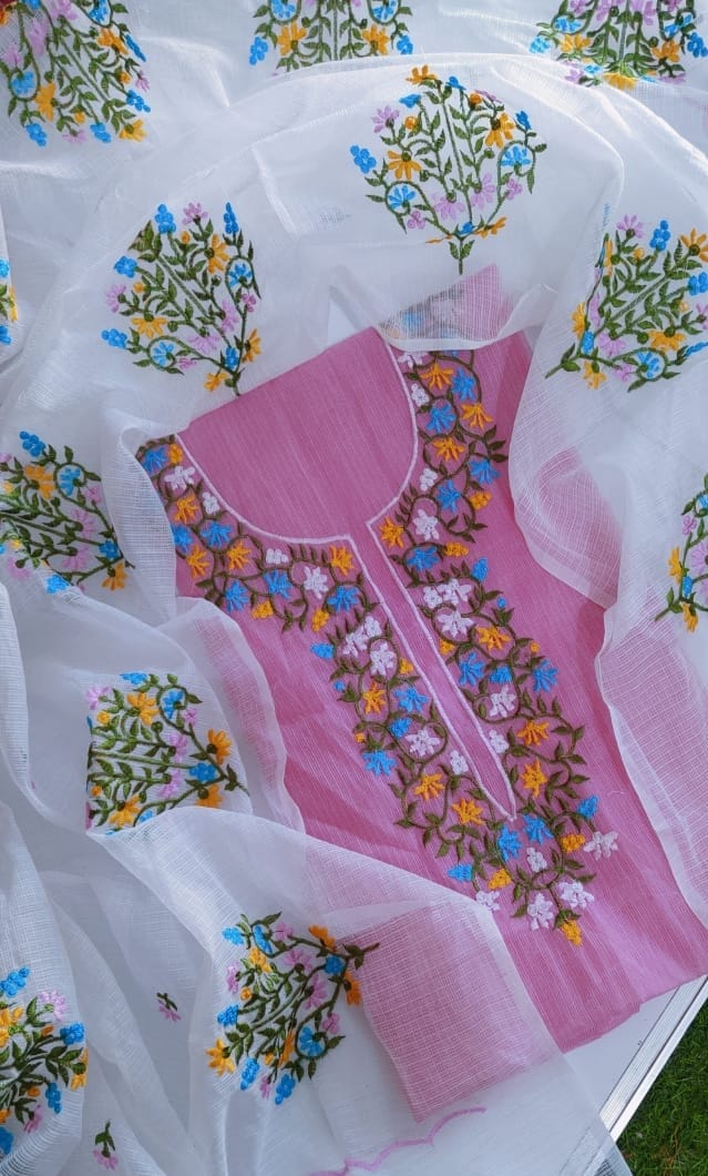 Pink Kota Doria with Multicolor Embroidery and White Dupatta