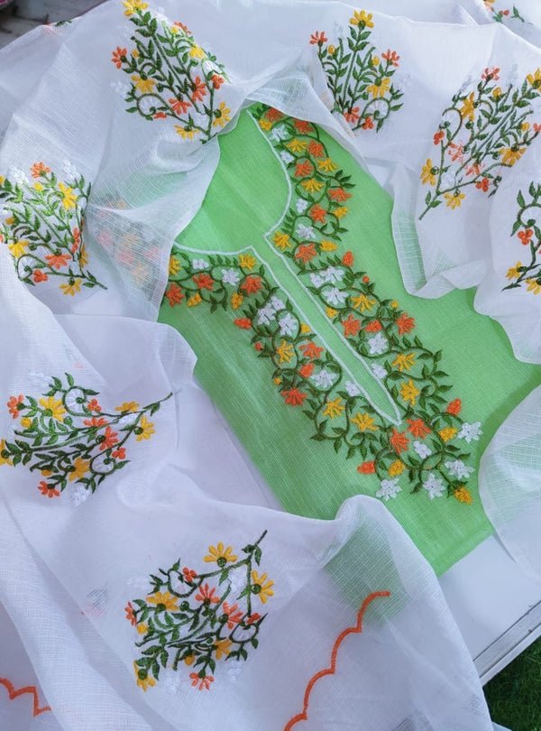 Green Kota Doria with Multicolor Embroidery and White Dupatta