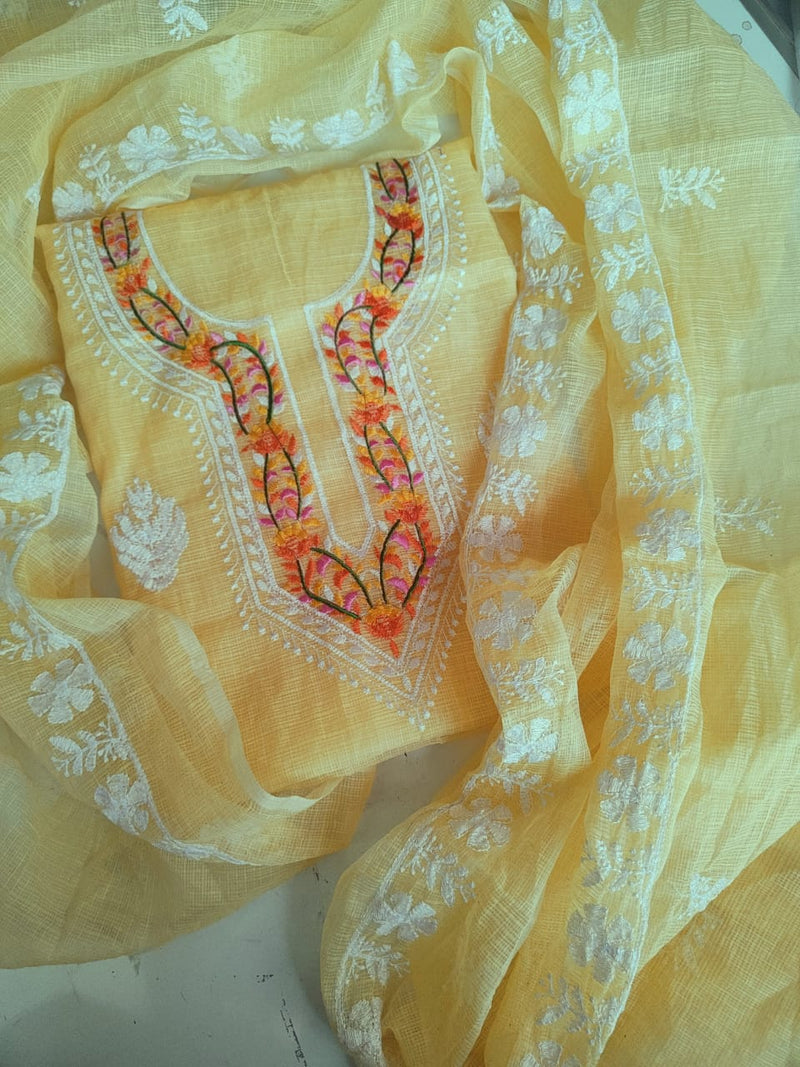 Yellow Kota Doria with Multicolor Embroidery