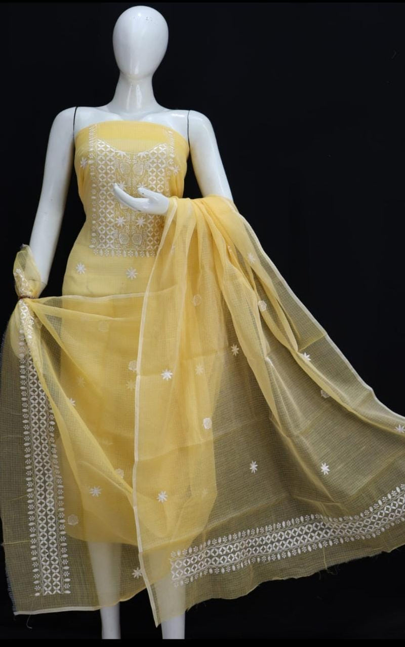 Yellow Kota Doria Salwar Suit with Embroidery