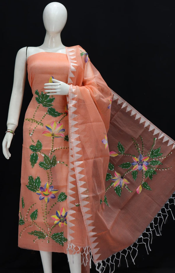 Kota Doria Hand Brush Painted Salwar Suit with Temple Border Dupatta