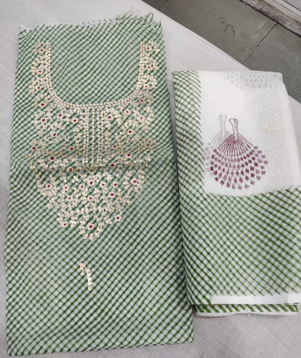 Kota Doria Leheriya Block Printed and Hand Pitta Work Salwar Suit