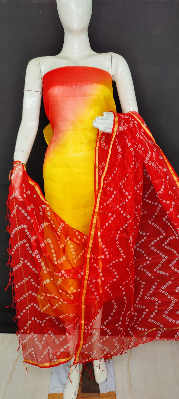 Kota Doria Pure Silk Hand Dye Salwar Suit with Bandhej Dupatta