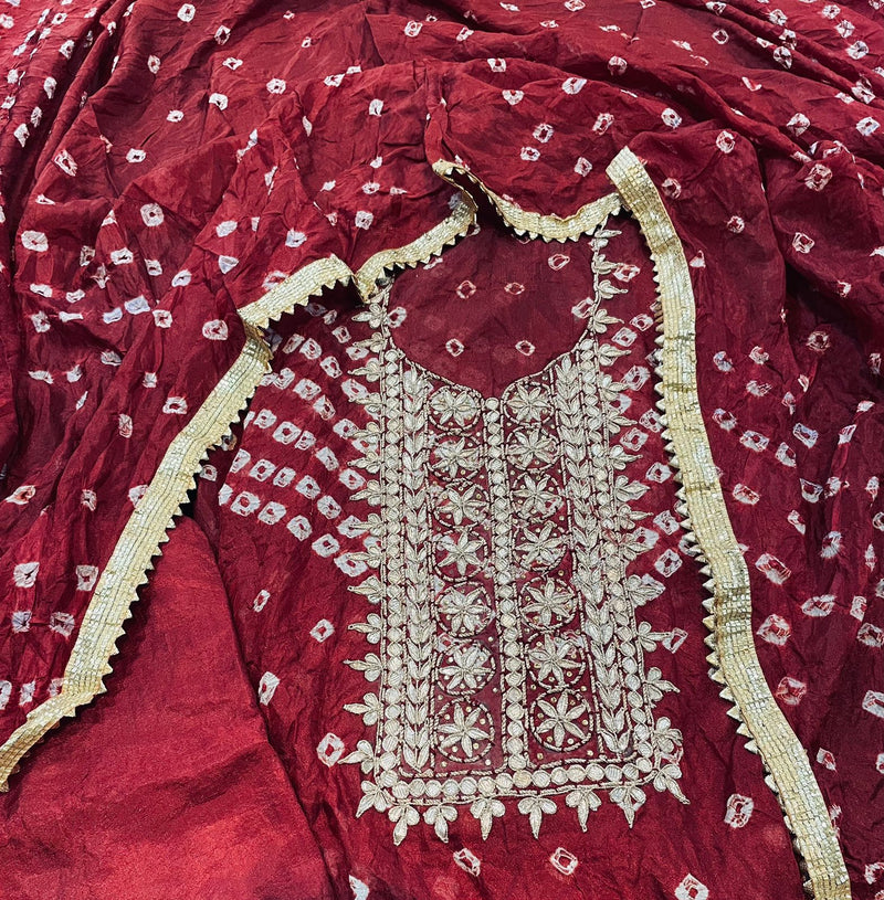 Designer 3 pc Unstitched Gota Patti Hand Work Bandhani Salwar Suit