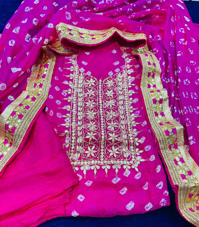 Designer 3 pc Unstitched Gota Patti Hand Work Bandhani Salwar Suit