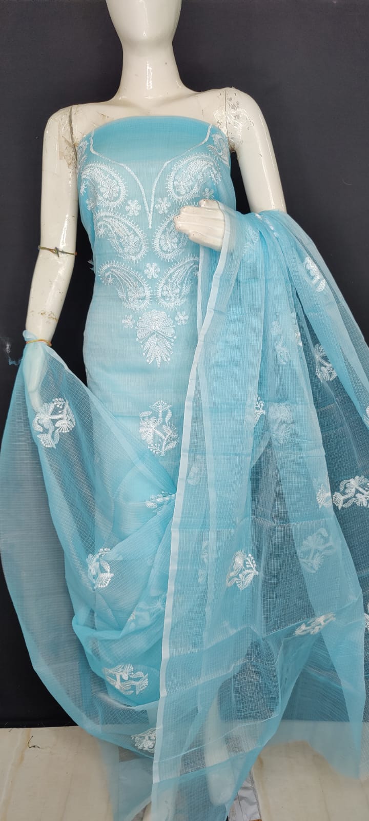 3 pc Kota Doria Cotton Embroidery Unstitched Salwar Suit