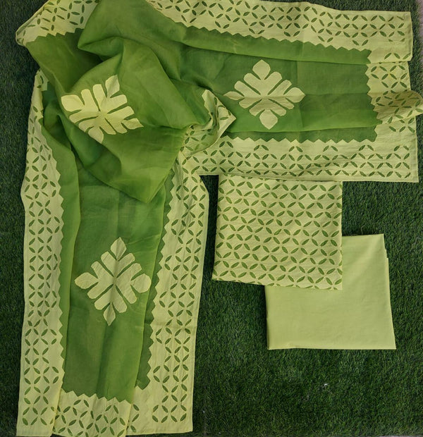 Premium Handcrafted Applique Work Pure Organdy Cotton Unstitched Salwar Suit