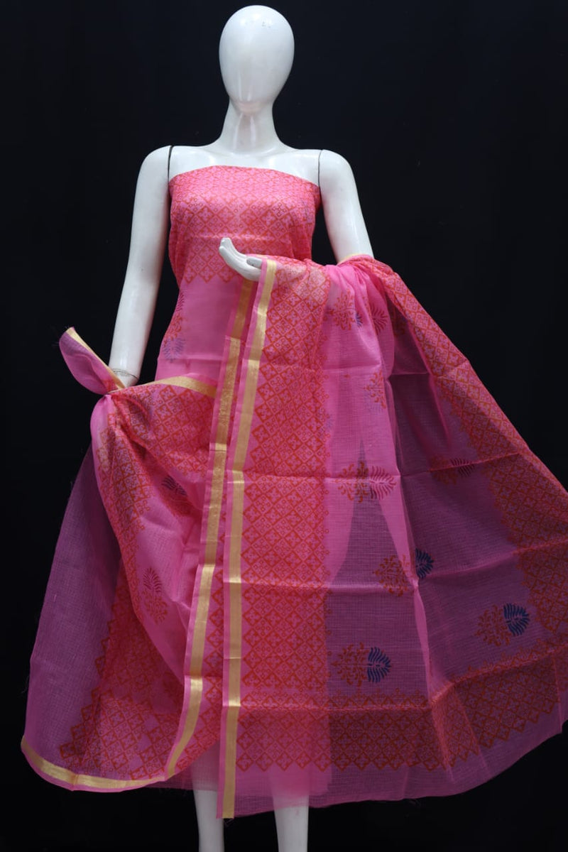 Kota Doria Block Printed Salwar Suit | Flamingo |