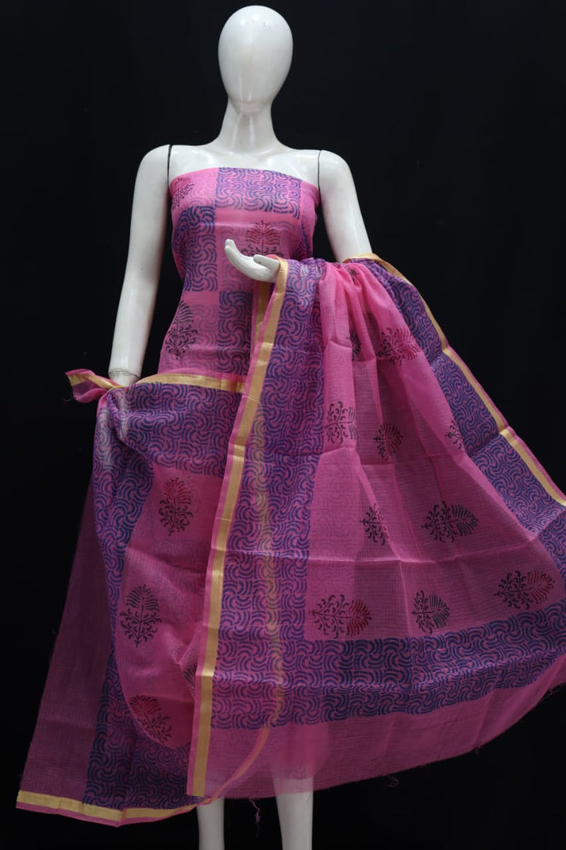 Kota Doria Block Printed Salwar Suit | Purple on Pink |
