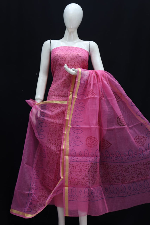 Kota Doria Block Printed Salwar Suit | Pink |
