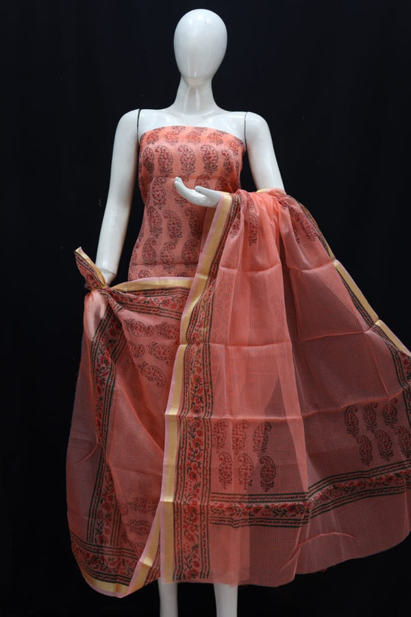 Kota Doria Block Printed Salwar Suit | Pinkish Brown |