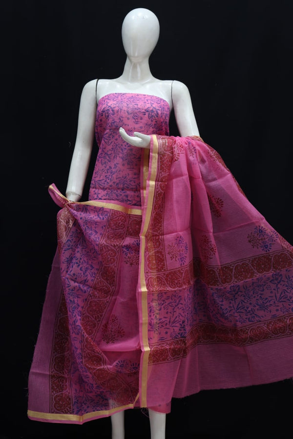 Kota Doria Block Printed Salwar Suit | Floral Pink |