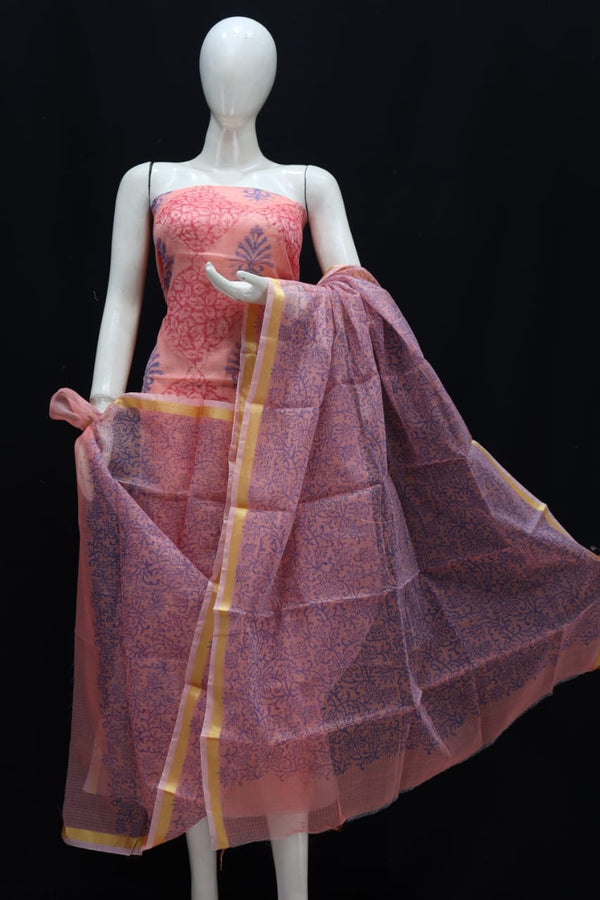 Kota Doria Block Printed Salwar Suit | Coral Pink |