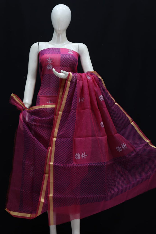 Kota Doria Block Printed Salwar Suit | Pink-Purple |