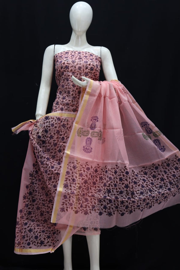 Kota Doria Block Printed Salwar Suit | Oriental Pink |