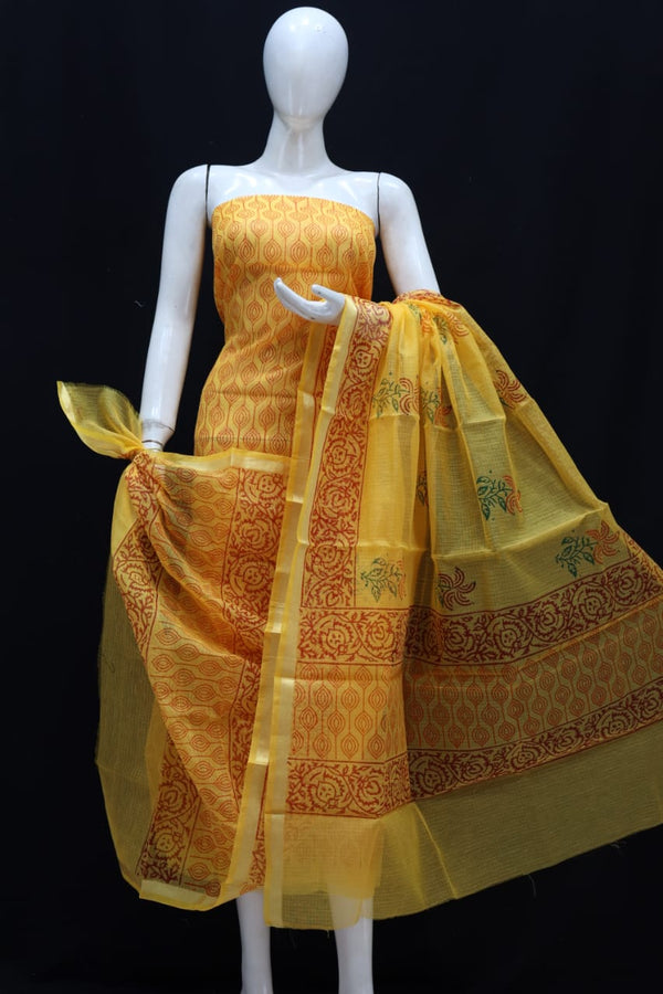 Kota Doria Block Printed Salwar Suit | Bright Yellow |