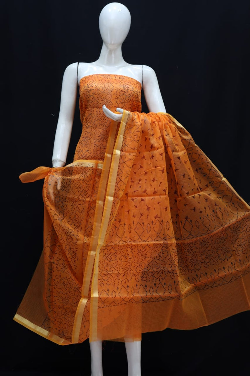 Kota Doria Block Printed Salwar Suit | Carrot-Orange |
