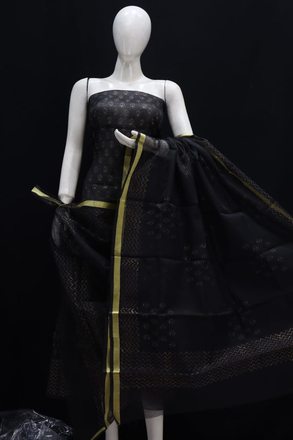 Kota Doria Block Printed Salwar Suit |Black|