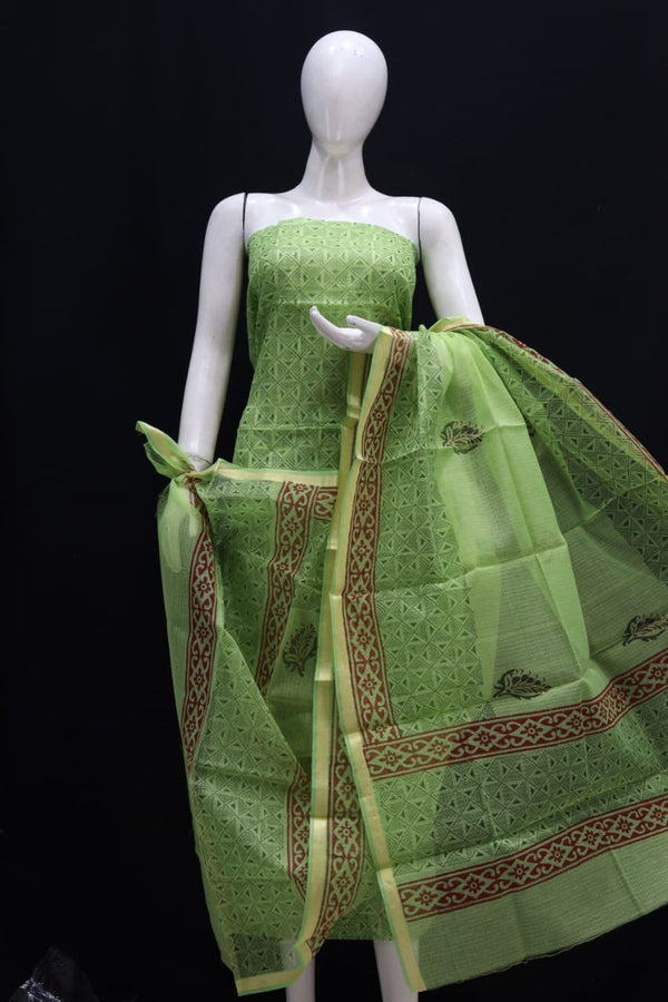 Kota Doria Block Printed Salwar Suit | Dusty Green |