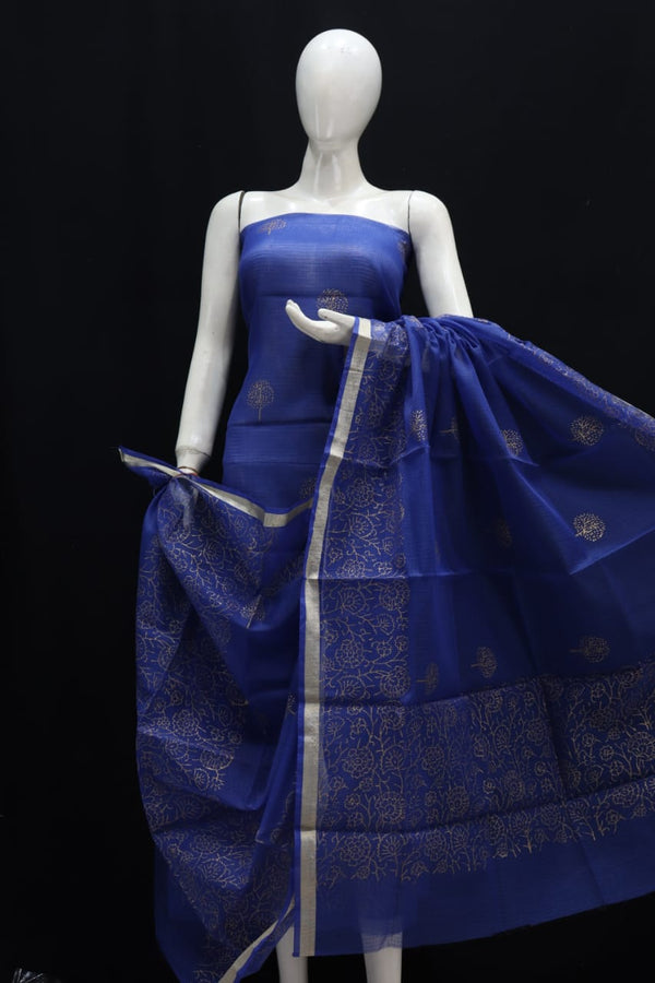 Kota Doria Block Printed Salwar Suit | Nile-Blue |